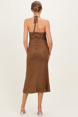 Brown Halter Cowl Neck Maternity Midi Dress