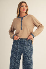 Mocha Rib Knit Casual Henley Top