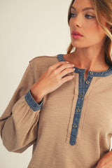 Mocha Rib Knit Casual Henley Top