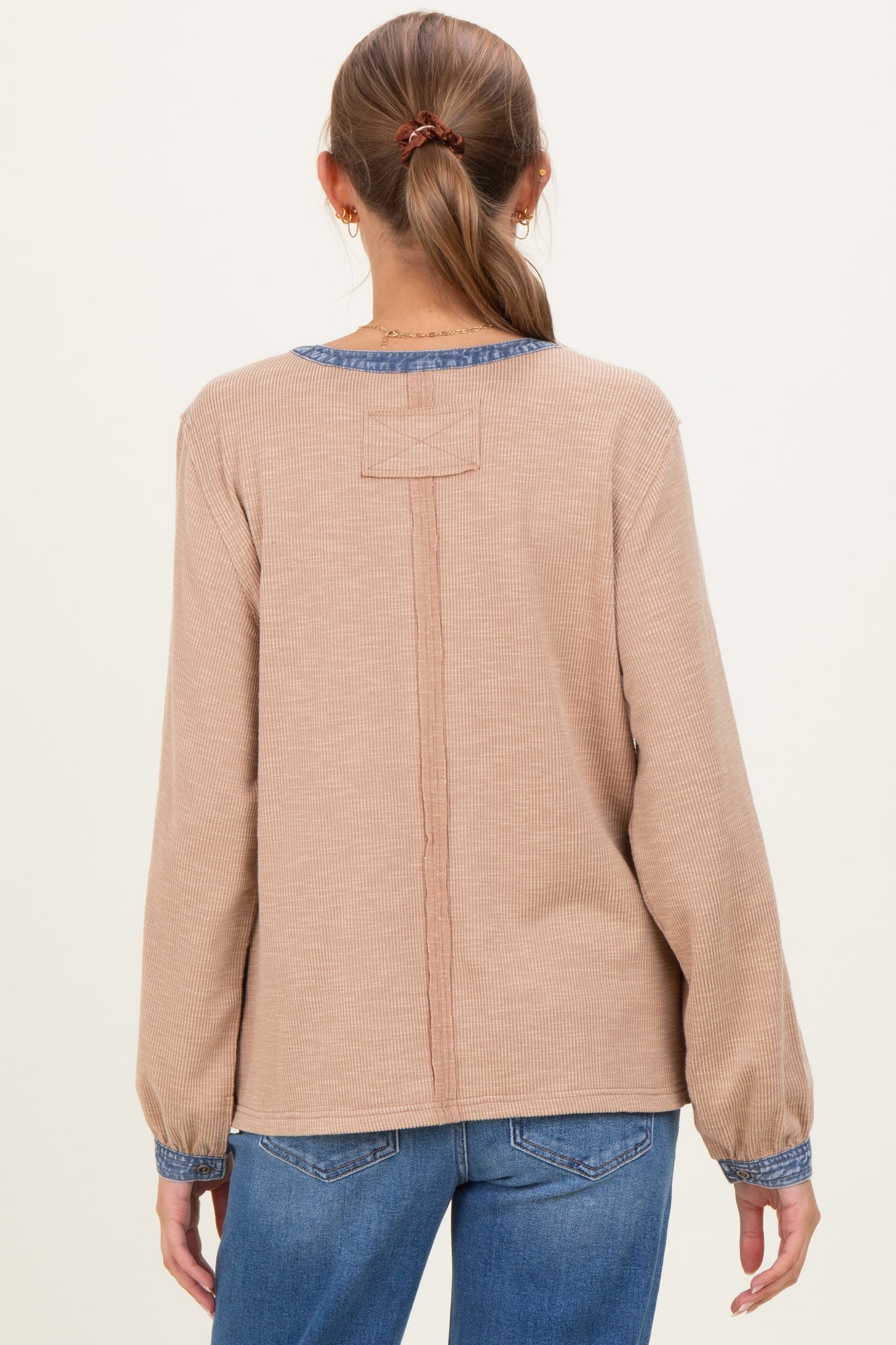 Mocha Rib Knit Casual Maternity Henley Top