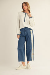 White Rib Knit Casual Henley Top