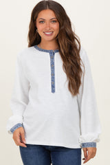 White Rib Knit Casual Maternity Henley Top