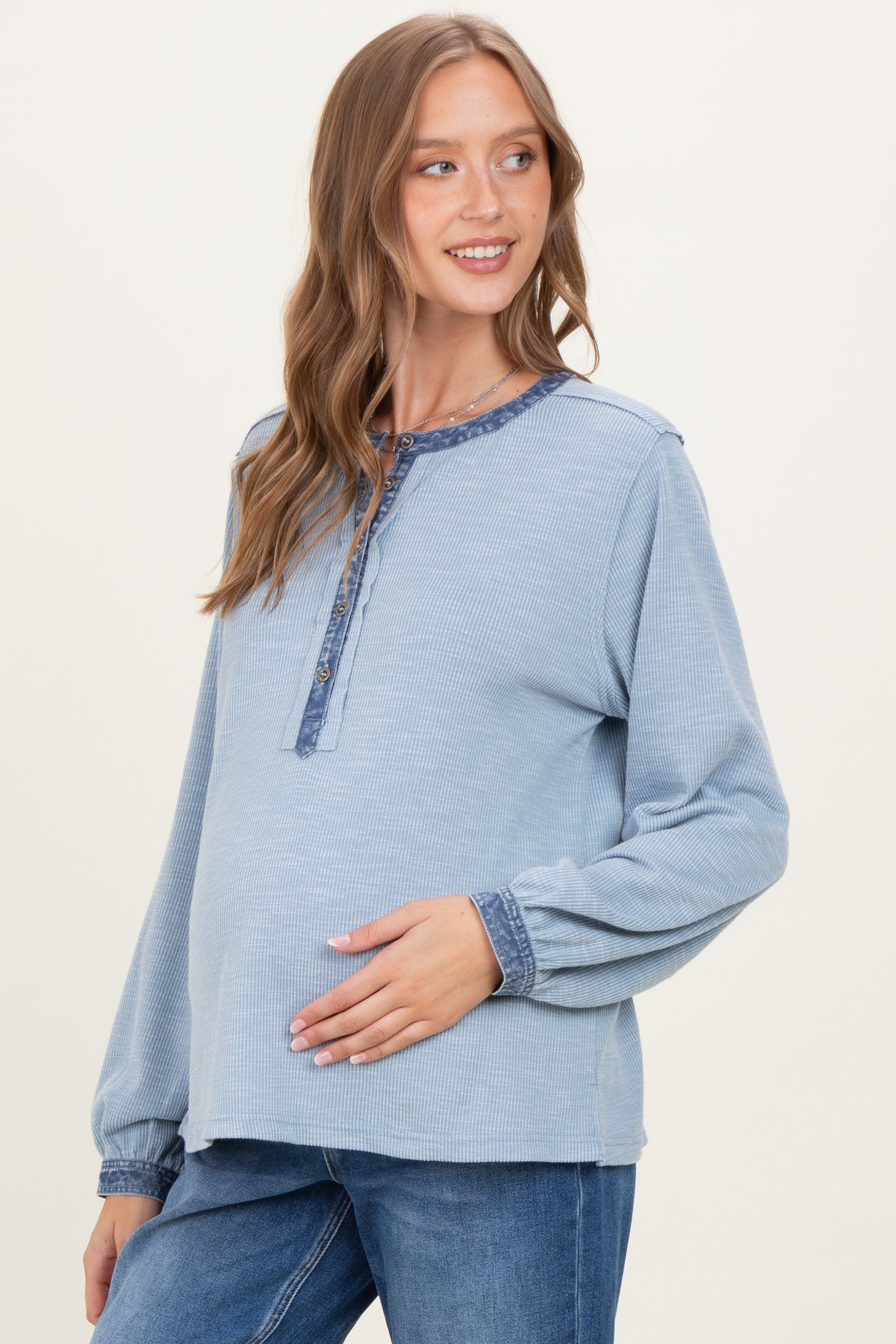 Light Blue Rib Knit Casual Maternity Henley Top