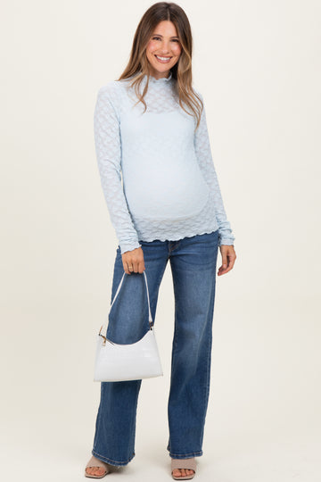 Light Blue Thumbhole Sleeves Mock Neck Lace Maternity Top