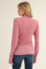 Mauve Thumbhole Sleeves Mock Neck Lace Top