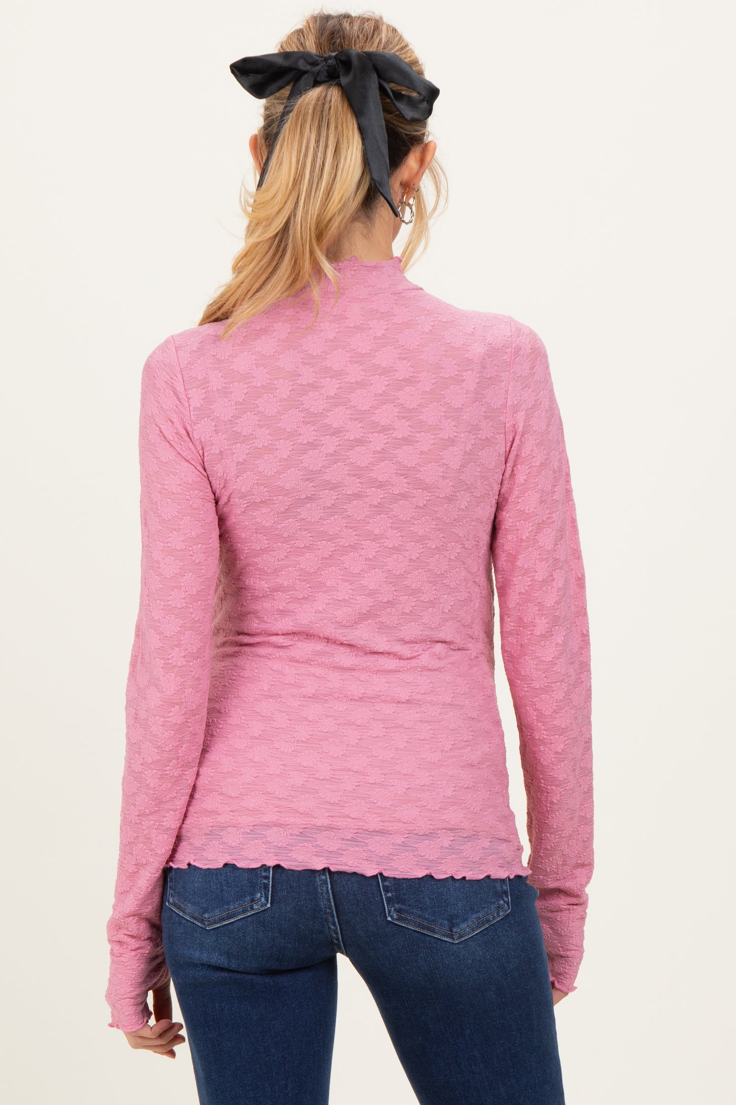 Mauve Thumbhole Sleeves Mock Neck Lace Maternity Top