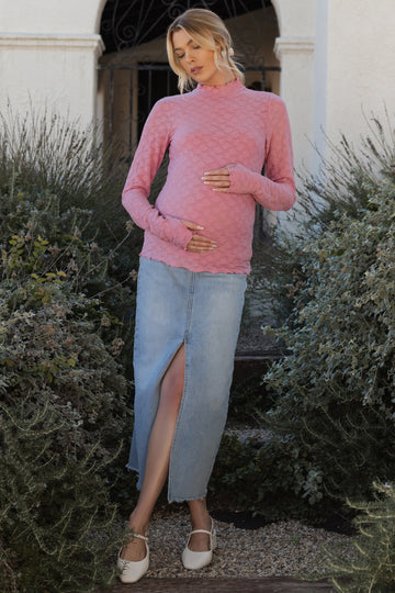 Mauve Thumbhole Sleeves Mock Neck Lace Maternity Top