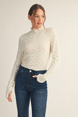 Ivory Thumbhole Sleeves Mock Neck Lace Top