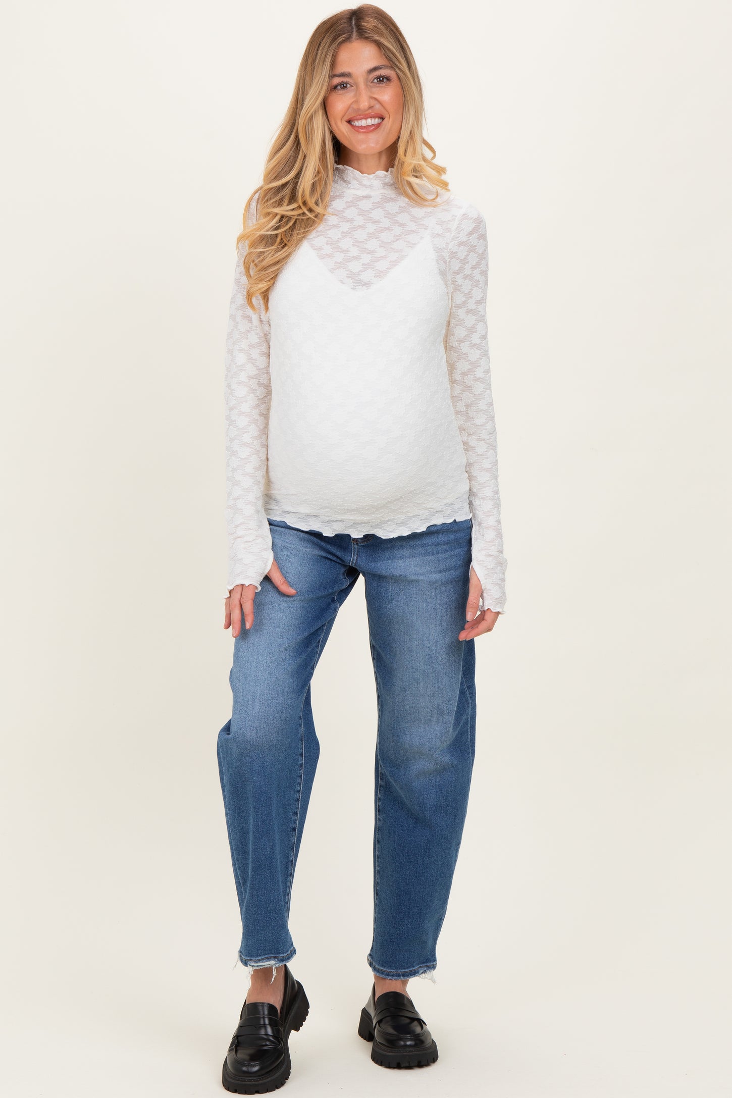 Ivory Thumbhole Sleeves Mock Neck Lace Maternity Top