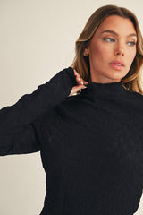 Black Thumbhole Sleeves Mock Neck Lace Top