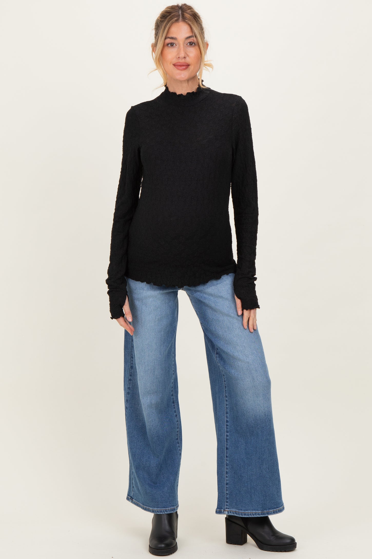 Black Thumbhole Sleeves Mock Neck Lace Maternity Top