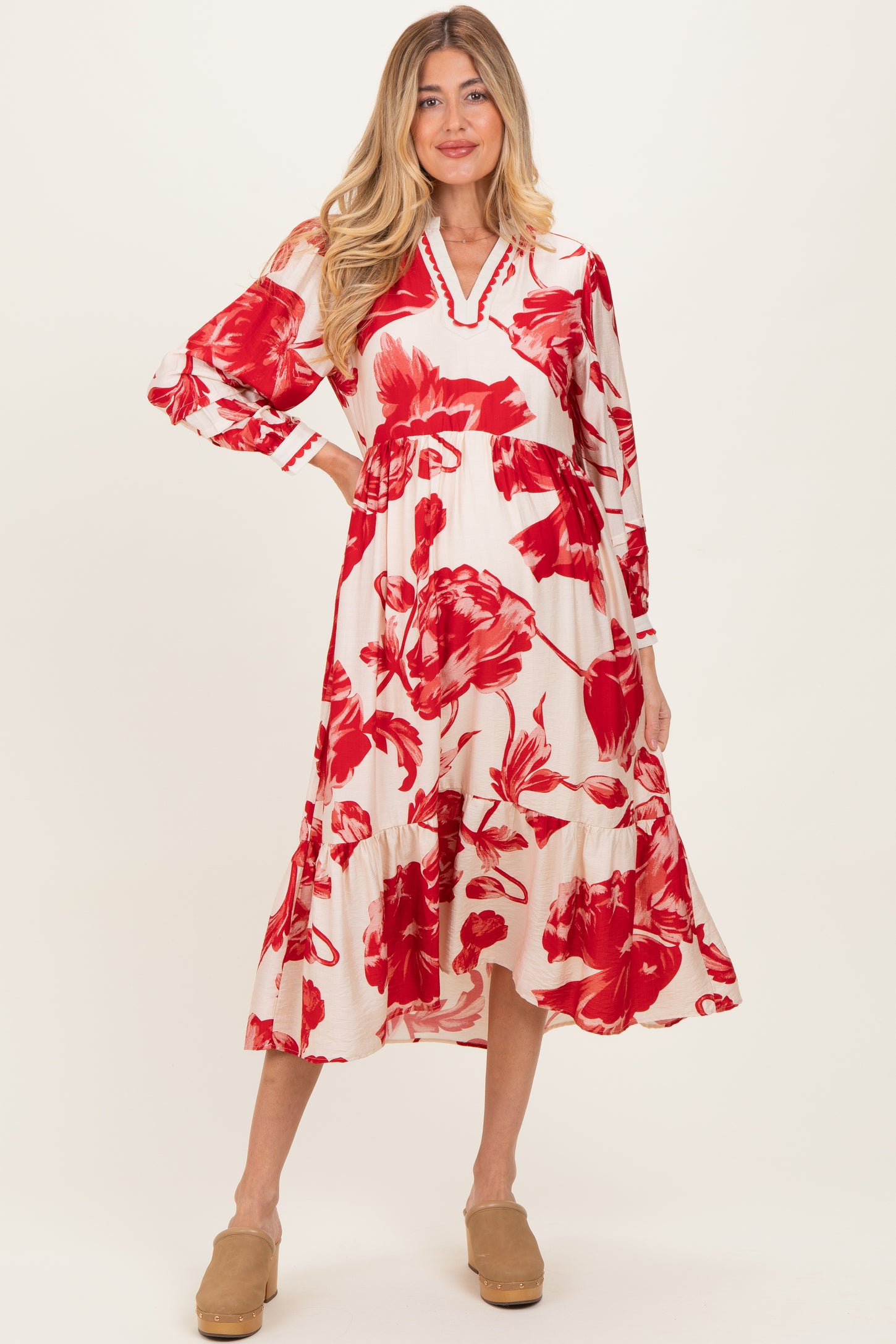 Cream/Red Big Floral Print Maternity Midi Dress