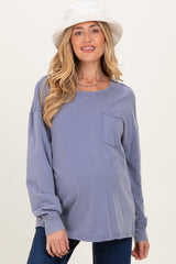 Navy Oversized Washed Long Sleeve Pocket Maternity Top
