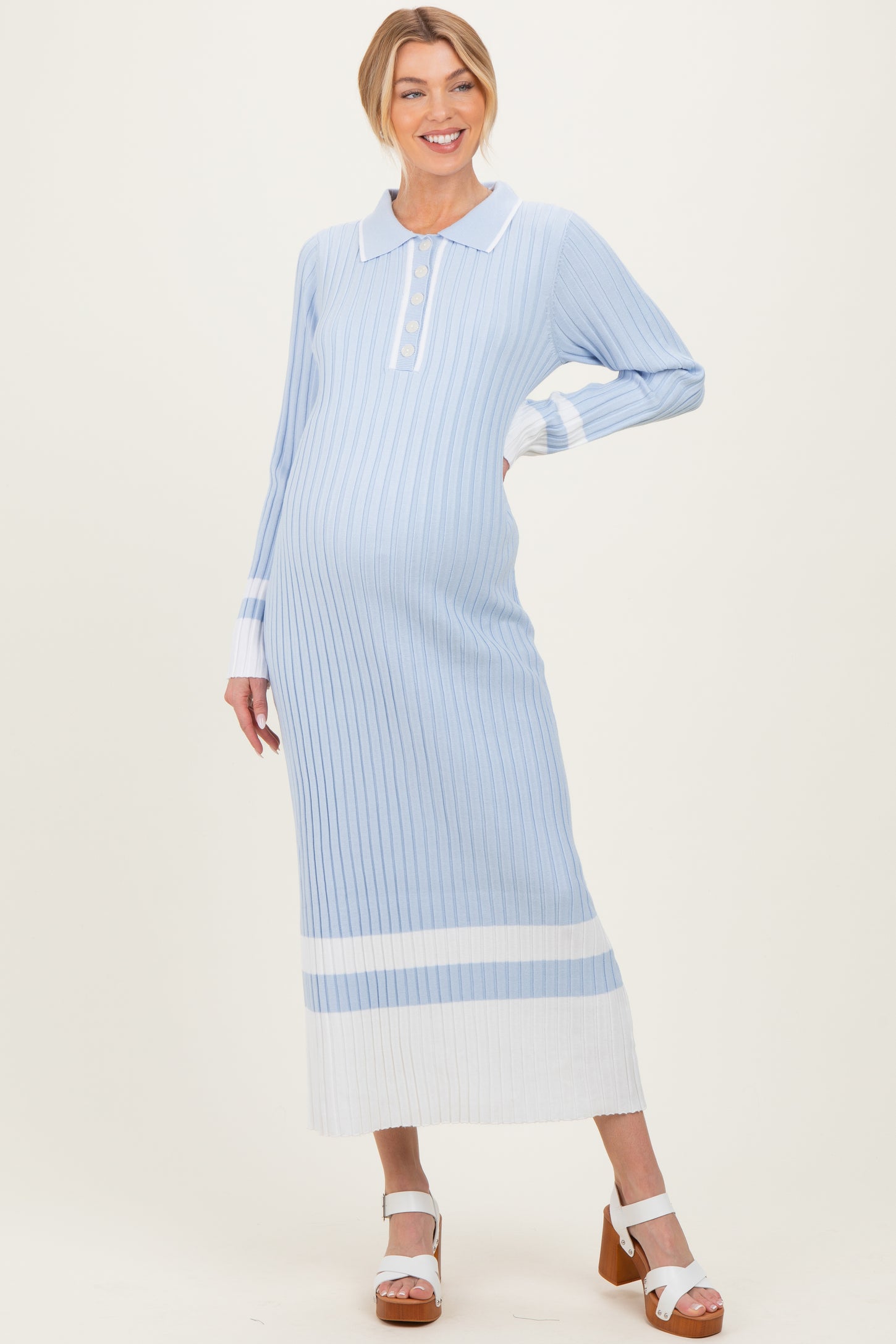 Light Blue Ribbed Knit Colorblock Polo Maternity Maxi Dress