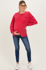 Red Oversized Washed Long Sleeve Pocket Maternity Top