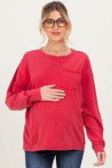 Red Oversized Washed Long Sleeve Pocket Maternity Top