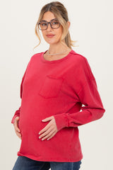 Red Oversized Washed Long Sleeve Pocket Maternity Top