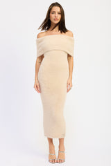 Cream Fuzzy Knit Off Shoulder Maternity Midi Dress