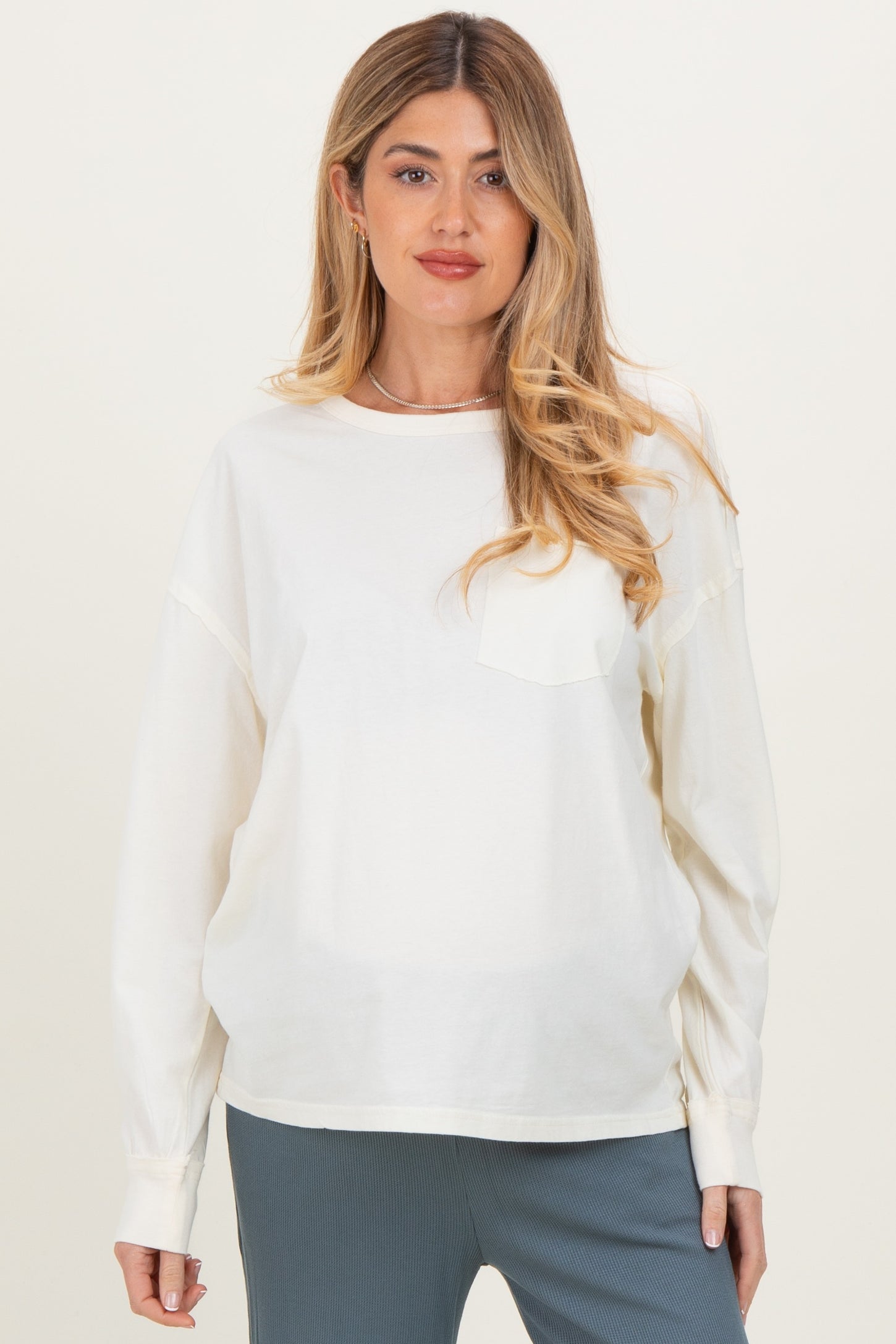 Cream Oversized Washed Long Sleeve Pocket Maternity Top
