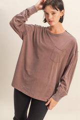 Mocha Oversized Washed Long Sleeve Pocket Top