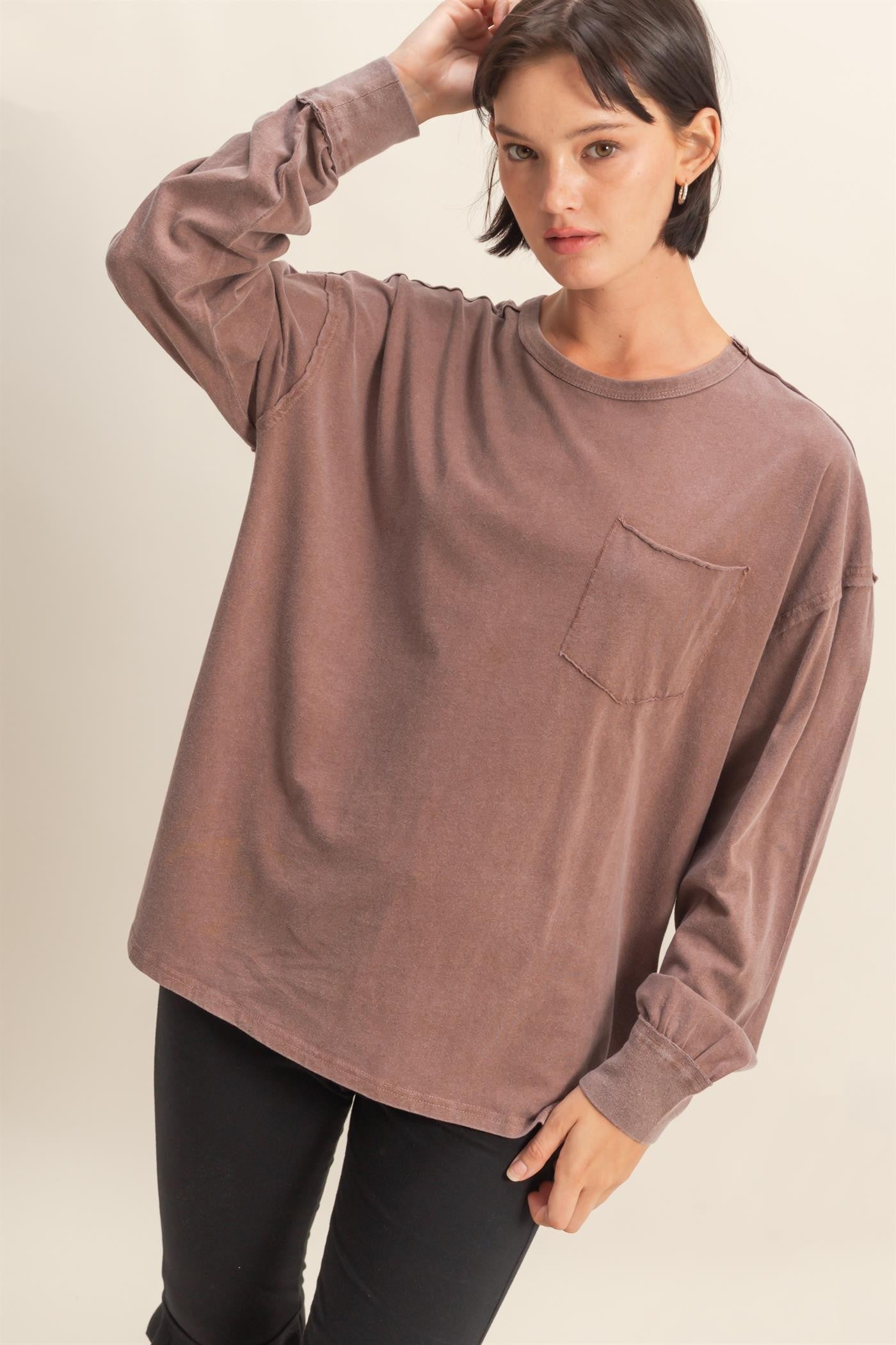 Mocha Oversized Washed Long Sleeve Pocket Maternity Top