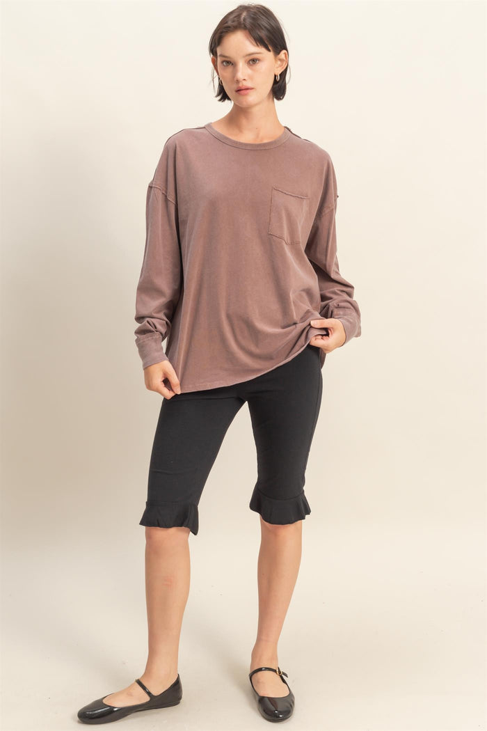 Mocha Oversized Washed Long Sleeve Pocket Top