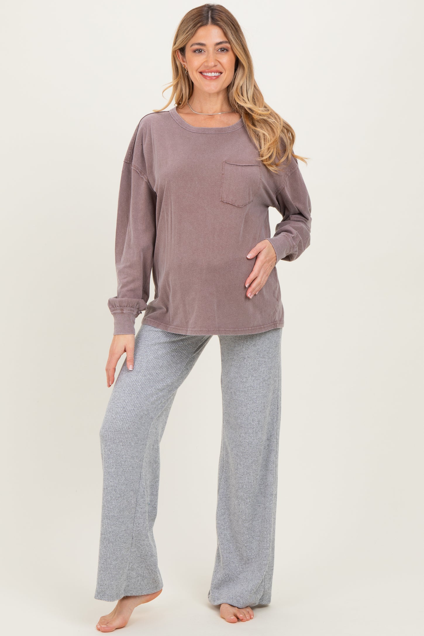 Mocha Oversized Washed Long Sleeve Pocket Maternity Top