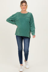 Green Oversized Washed Long Sleeve Pocket Maternity Top