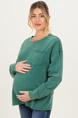 Green Oversized Washed Long Sleeve Pocket Maternity Top