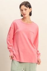 Pink Oversized Washed Long Sleeve Pocket Maternity Top