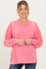 Pink Oversized Washed Long Sleeve Pocket Maternity Top