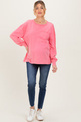 Pink Oversized Washed Long Sleeve Pocket Maternity Top