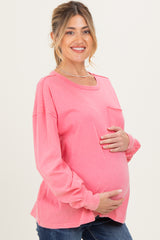 Pink Oversized Washed Long Sleeve Pocket Maternity Top
