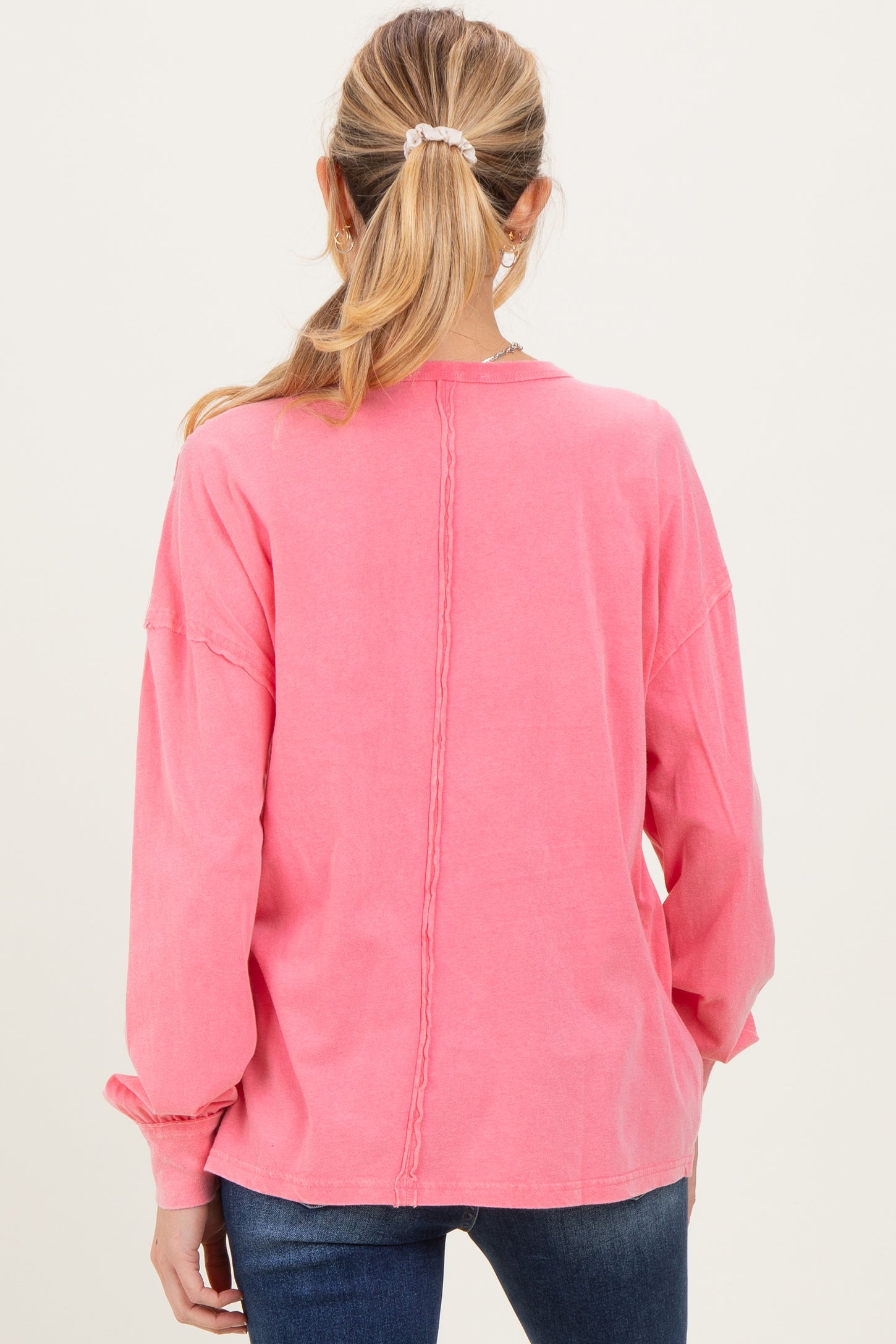 Pink Oversized Washed Long Sleeve Pocket Maternity Top