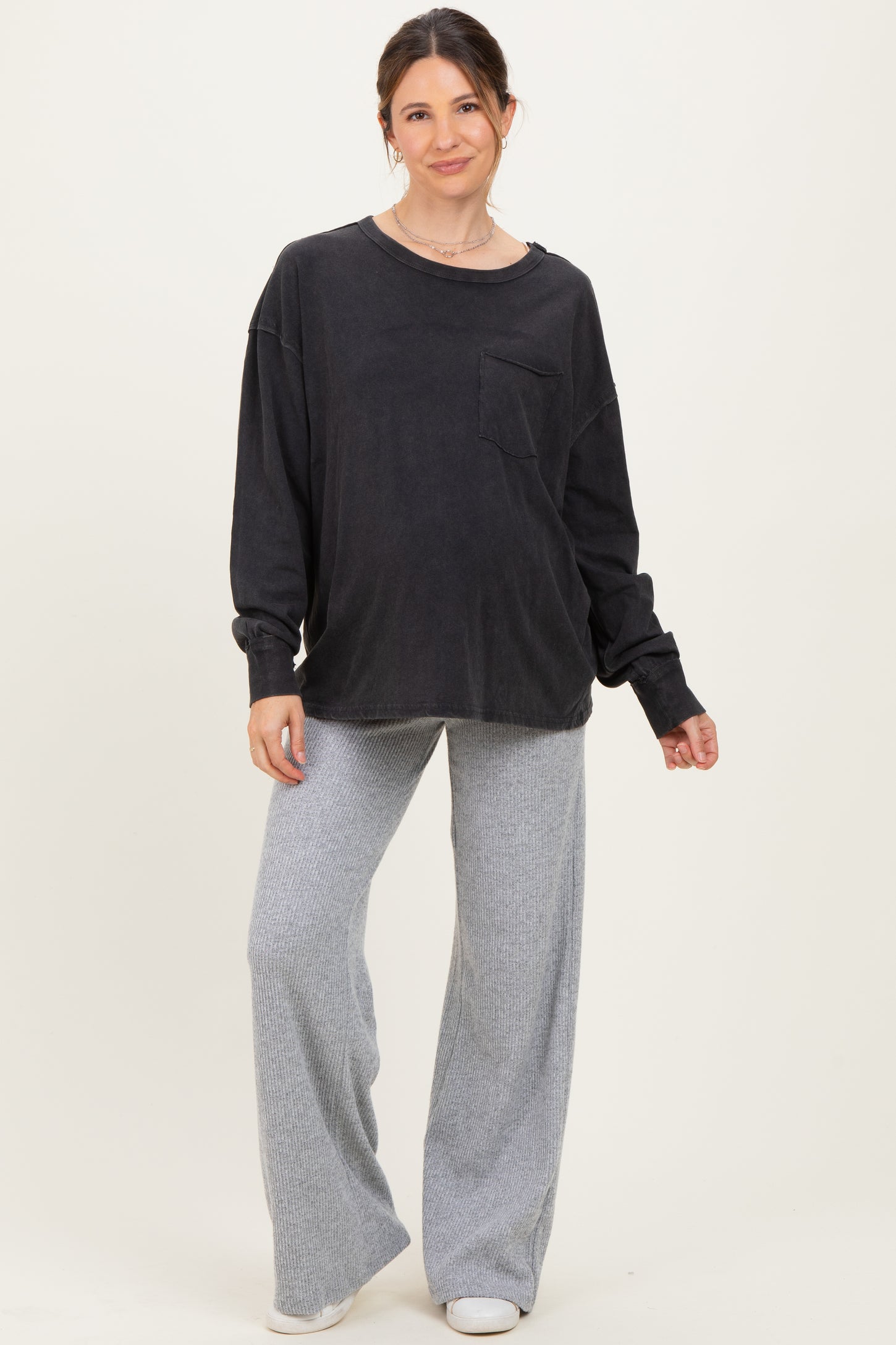 Black Oversized Washed Long Sleeve Pocket Maternity Top