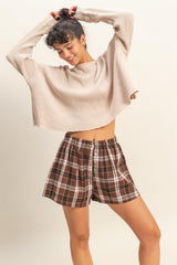 Brown Button-Front Plaid Maternity Boxer Shorts