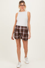 Brown Button-Front Plaid Maternity Boxer Shorts