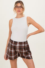 Brown Button-Front Plaid Maternity Boxer Shorts