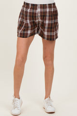 Brown Button-Front Plaid Maternity Boxer Shorts