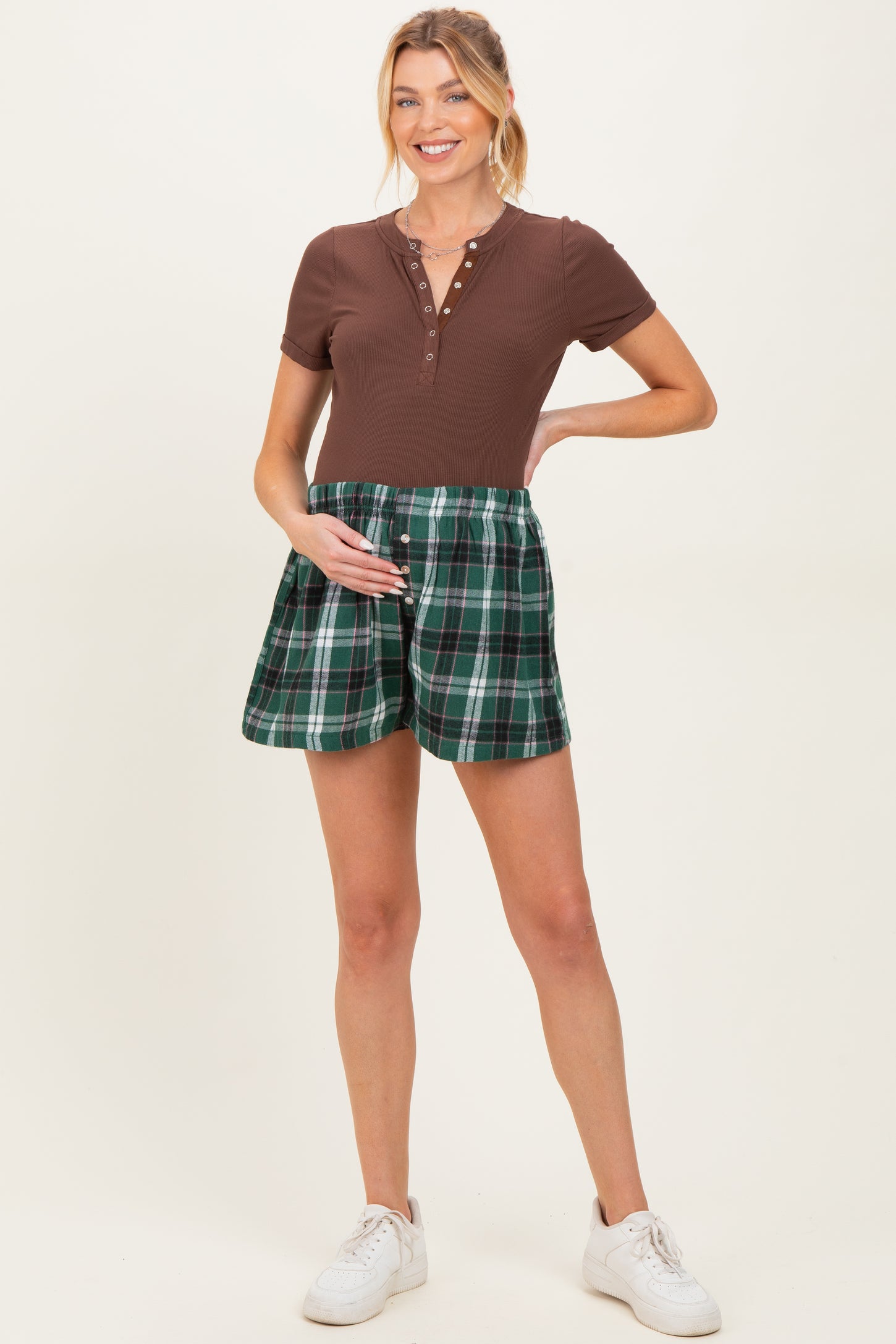 Green Button-Front Plaid Maternity Boxer Shorts