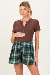 Green Button-Front Plaid Maternity Boxer Shorts