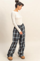 Navy Plaid Wide Leg Lounge Pants
