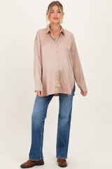 Taupe Long Sleeve Oversized Satin Maternity Shirt