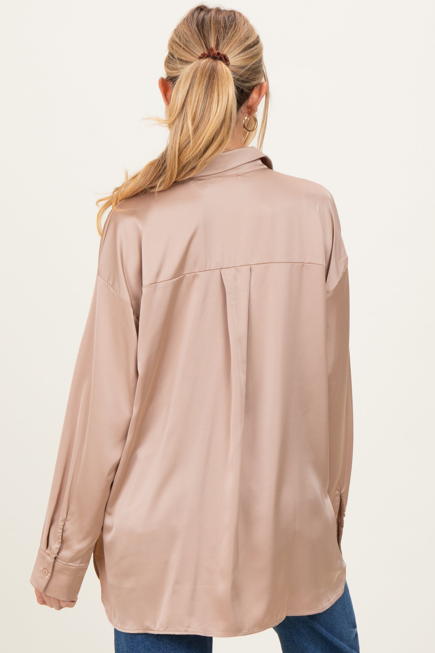 Taupe Long Sleeve Oversized Satin Maternity Shirt