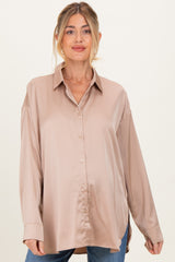 Taupe Long Sleeve Oversized Satin Maternity Shirt