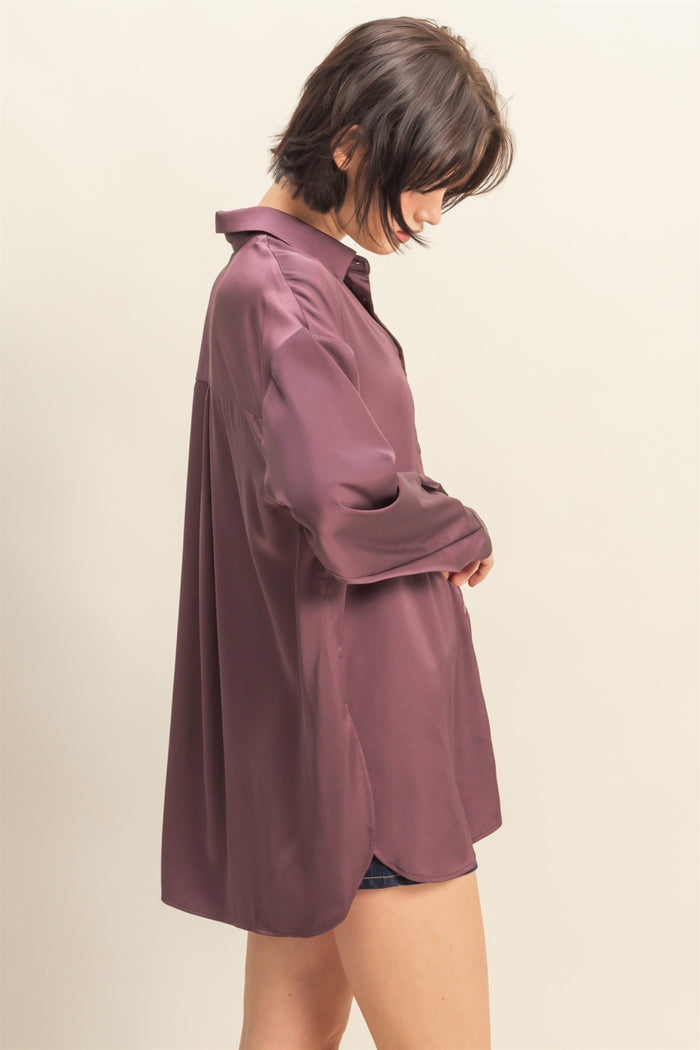 Burgundy Long Sleeve Oversized Satin Maternity Shirt