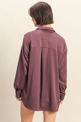 Burgundy Long Sleeve Oversized Satin Maternity Shirt