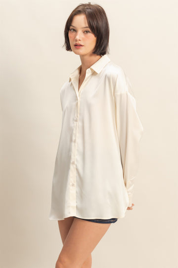 Cream Long Sleeve Oversized Satin Maternity Shirt
