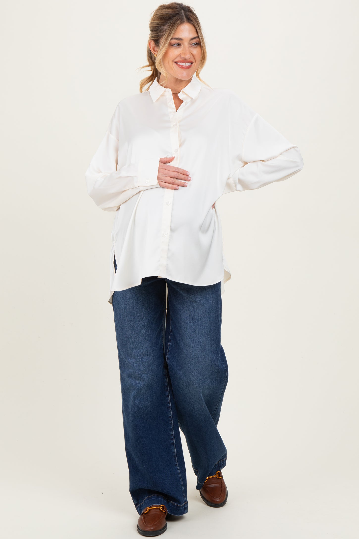Cream Long Sleeve Oversized Satin Maternity Shirt