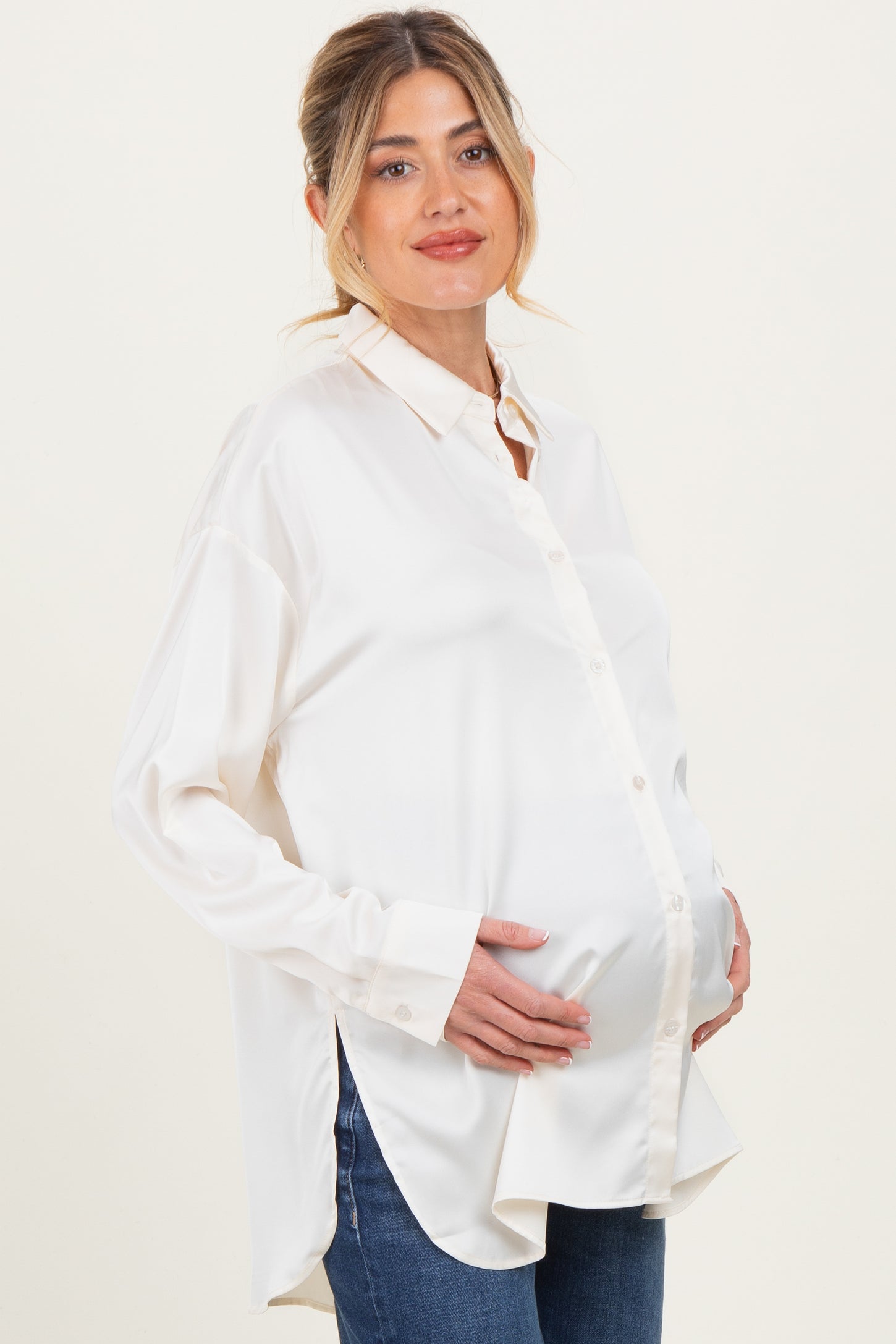 Cream Long Sleeve Oversized Satin Maternity Shirt